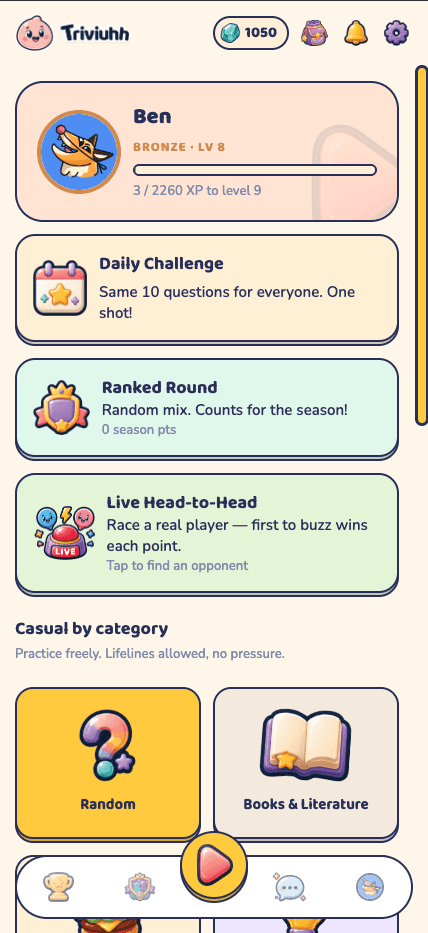The Triviuhh home screen